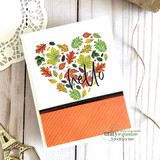 Card with the leaf-heart colored in fall tones and 'hello' over an orange panel.
