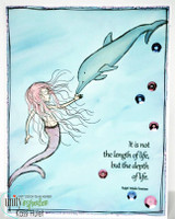 Pale aqua card with sequins, a pink-haired mermaid reaching toward a dolphin, and 'It is not the length of life, but the depth of life.'