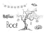 Hallows' Eve Tree red rubber stamp sheet: a spooky bare tree hung with jack-o'-lantern lights, a trio of pumpkins, a bat and 'Happy Halloween' and 'Boo!' sentiments.