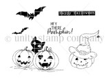 Hey There Pumpkin red rubber stamp set in black line art: two carved jack-o'-lanterns with a black cat between them, a pumpkin wearing a witch's hat, a cluster of bats, and the sentiments “Hey There Pumpkin!” and “Happy Halloween.” Illustrated by Sandhya Iyer.