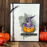 Watercolor-washed card with a single jack-o'-lantern in a purple witch's hat over a gray splatter, finished with a “Happy Halloween” banner.