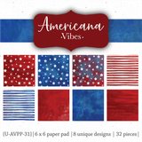 Americana Vibes 6x6 paper pack — red, white and blue stars and textured squares across eight patriotic designs, labeled 'Americana Vibes.'