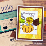 Card sample. Sunflowers and a pumpkin, 'Thanksgiving Day', on watercolor Falling Leaves papers.