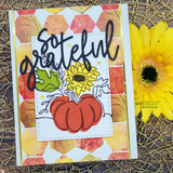 Card sample, 'so grateful' with sunflowers and a pumpkin on autumn-leaf mosaic paper.