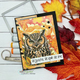 Card sample. A detailed owl, 'be soulful, be kind, be love', framed by autumn leaf papers.