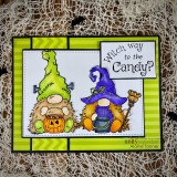 Card made with Trick or Treat paper — lime and black panels behind two gnomes with 'Witch way to the Candy?'