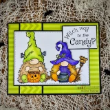Card made with Trick or Treat paper. Lime and black panels behind two gnomes with 'Witch way to the Candy?'
