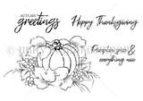 Line-art stamp sheet: pumpkin with foliage and 'Autumn greetings / Happy Thanksgiving / Pumpkin spice & everything nice'.