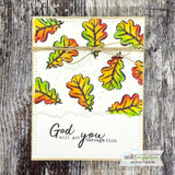 Card of scattered colorful autumn oak leaves, 'God will get you through this.'