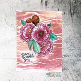 Card with the peonies colored in pink with green leaves and a wood grain heart, popped over a pink and gold striped watercolor background, 'grace be with you' lettered below.