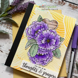 Card with the peonies colored in deep purple with a wood heart on a yellow sunburst stencil panel, 'You are in my thoughts & prayers' stamped along the bottom.