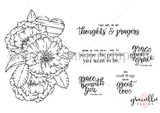 Be Who You Want red rubber stamp set from Unity Stamp Co, black line art of a cluster of full open peonies with leaves, beside the sentiments 'You are in my thoughts & prayers', 'Now is the best time to become the person you want to be', 'grace be with you', 'Grace upon grace' and 'Do small things with great love'.