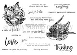 Line-art FRONT & CENTER stamp of a decorative butterfly and a flying swallow surrounded by dots, with sentiments including "Thinking of you always makes my day.", "Gratitude changes everything", "Just a hello", "Thankful, grateful, blessed", "You are so wonderful", "Sending my love" and "Thinking of you today."