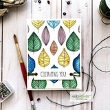 Card of the leaf print in jewel tones with 'Celebrating you!'