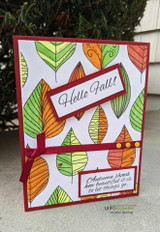 Card of the leaf print in fall tones with 'Hello Fall!'