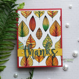Card of the colored leaf print with 'thanks.'
