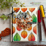 Card using the scattered leaf print in fall colors with 'happy HAPPY BIRTHDAY.'