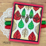 Card of the leaf print in reds and greens with 'Happy Holidays.'