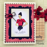 Red houndstooth-framed card with the retro gal, hands on hips — life update: still a mess