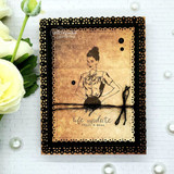 Gold doily-framed vintage card with the retro gal stamped in sepia