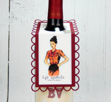 Burgundy scalloped wine tag with the retro girl in orange