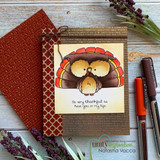 Card of the turkey owl on warm brown and red papers, 'So very thankful to have you in my life.'