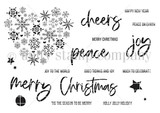 Uncolored red rubber Front & Center Christmas words and snowflake stamps by Lisa Arana.