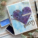 Snowflake heart die-cut in purple, 'tis the season to be merry,' with 'merry' word.