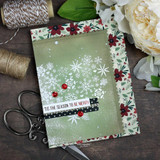 'Tis the season to be merry' on a soft green snowy panel with poinsettia papers.
