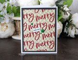 Repeating 'merry' word background in red with green dot accents.