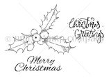 Red rubber stamp set of a holly sprig with 'Merry Christmas' and 'Christmas Greetings.'