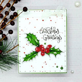 White card of the holly sprig with 'Christmas Greetings.'