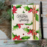 Card of the holly border with 'Christmas Greetings.'