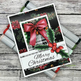 Dark card of the holly with a plaid bow and 'Merry Christmas.'