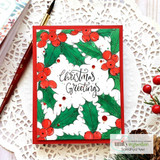 Red-and-white card of the holly wreath with 'Christmas Greetings.'