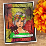 A full-panel daisy background stamped in red rubber and colored on a handmade card reading "Hello lovely."