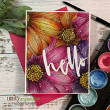Handmade card featuring a full-panel daisy background, with the sentiment "Hello lovely."
