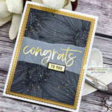 Handmade card featuring a full-panel daisy background, with the sentiment "Sending happy thoughts."