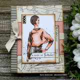 Card with the retro girl colored in soft tones over pink and black grid papers, 'a note of thanks.'
