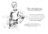 Line-art stamp of a slim retro woman with hand on hip in a distressed grunge style, with sassy script sentiments.