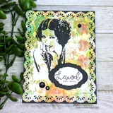 Lime doily-edged card with the vintage gal. Lawd have mercy oval.