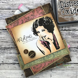 Distressed rose-paper card with the Relax sentiment and vintage lady