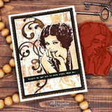 Cream flourish card with the wide-eyed flapper — people my age are so much older than me