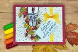 Square card of boots in fall leaves with a yellow bow and 'distance means so little' sentiment.
