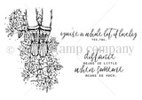 Red rubber stamp sheet: a pair of feet standing in a swirl of leaves with 'you're a whole lot of lovely yes, you' and 'distance means so little when someone means so much'.