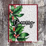Holly branches colored bright over the lyric background. Be merry script.