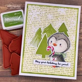 Green card with penguin and candy cane over olive carol lyric background