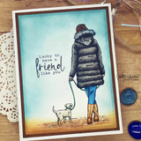 Card with the girl in a black coat walking her dog over a blue sky and 'Lucky to have a friend like you.'