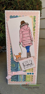 Slim card with the girl in a pink coat walking her dog over patterned papers and 'Lucky to have a friend like you.'