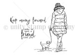 A Girl & Her Friend red rubber stamp sheet by Jeanie Hays: a girl in a puffy coat walking her small dog with 'Keep moving forward' and 'Lucky to have a friend like you.'